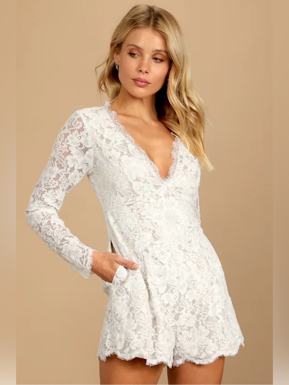 Lulu's Ivory White Lace Long-Sleeve Romper Dress